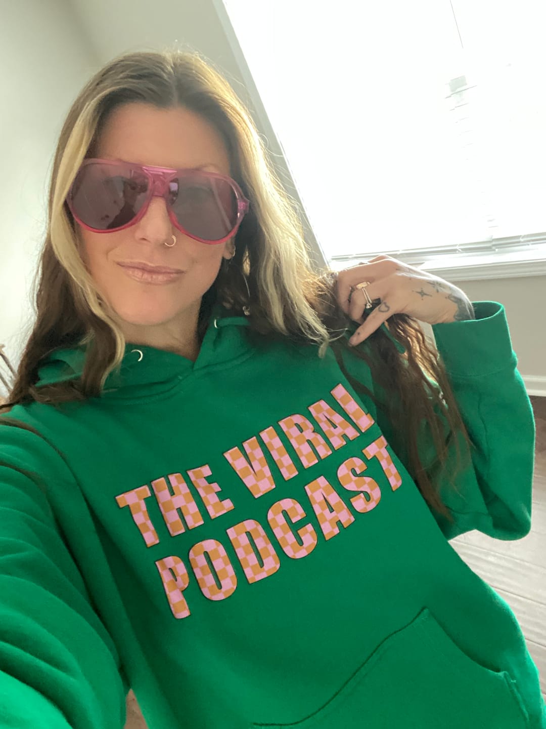 Customer photo review of Pink/Orange Checkered Lettering Midweight Hoodie