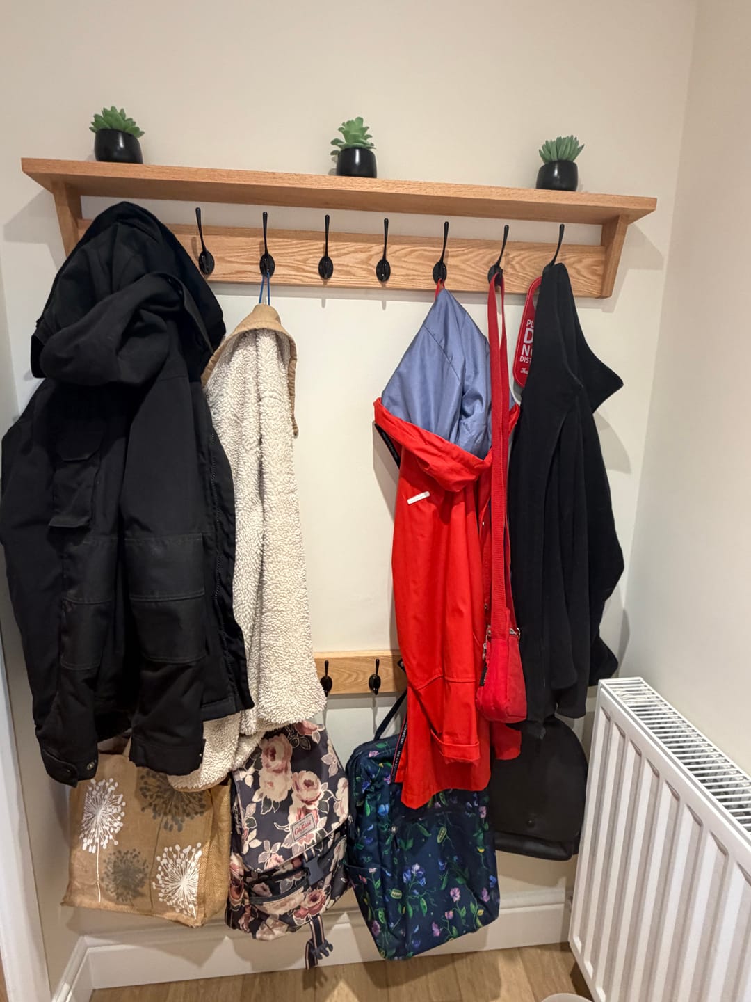 Customer photo review of Solid Oak Coat Rack With Storage Shelf