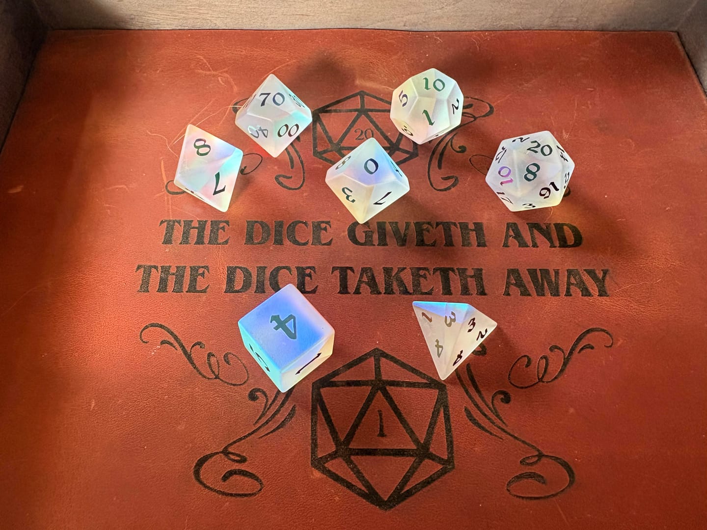 Customer photo review of Gemstone (Inked) Raised Dichroic Glass DND Dice Set