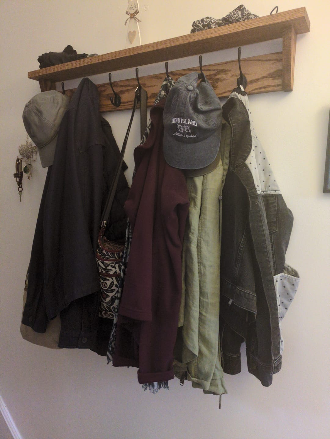 Customer photo review of Solid Oak Walnut Coat Rack with Shelf