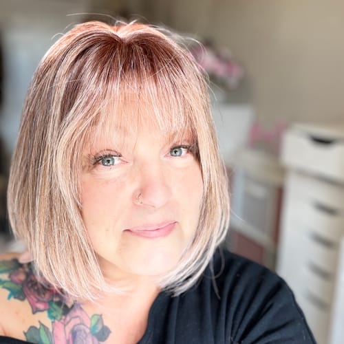 Customer photo review of JBEXTENSION 10 Inches Bob Cut Apricot Wig with Bangs JOAN APRICOT