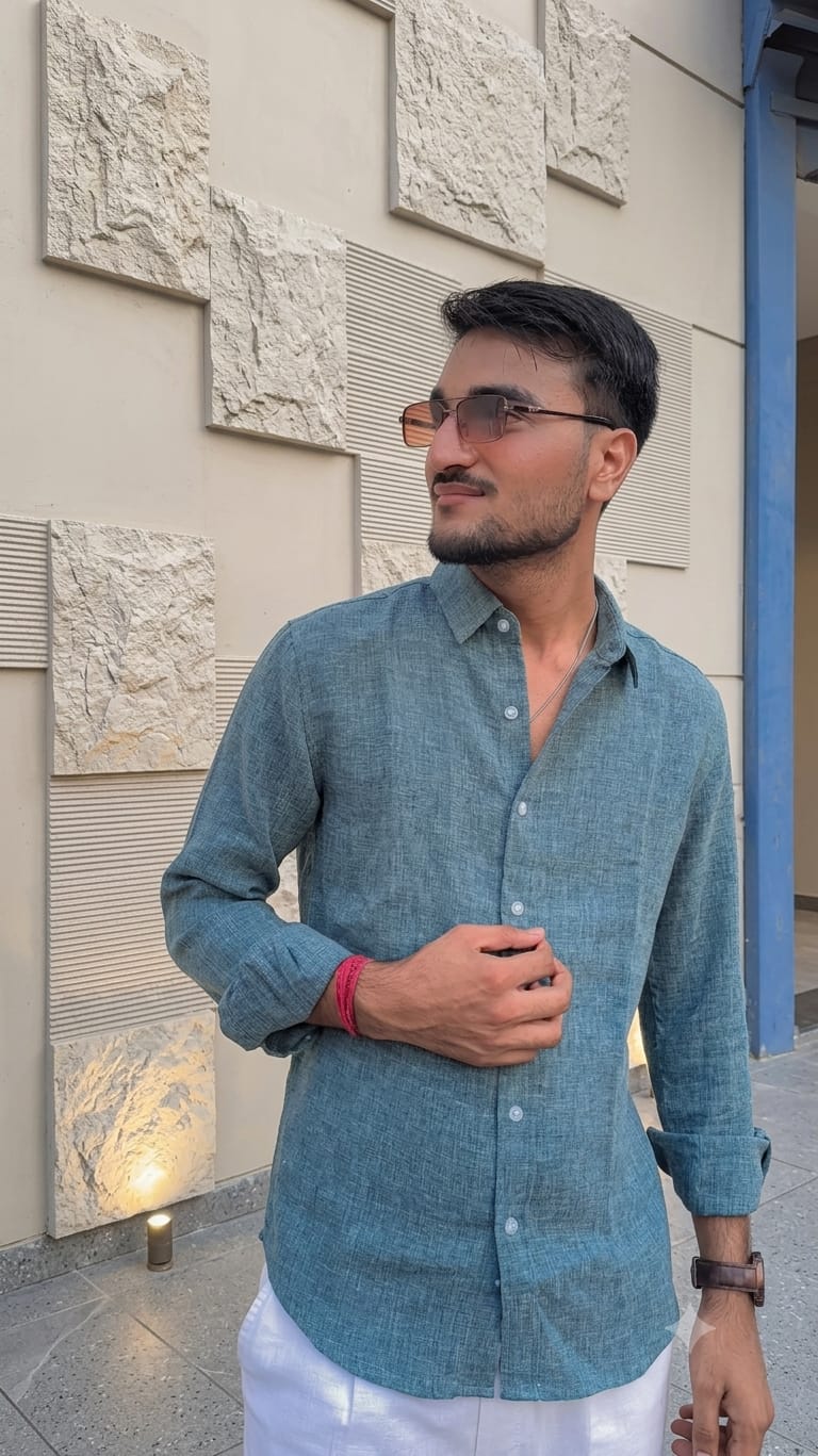 Customer photo review of Teal Structured Linen Blend Shirt