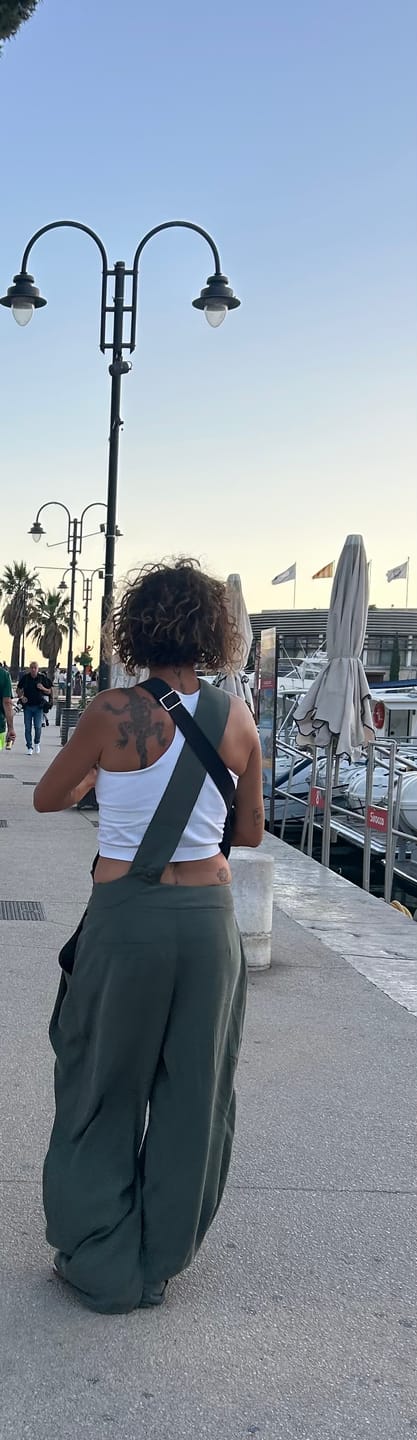 Customer photo review of Olive Green Suspender Jumpsuit with Open-Back
