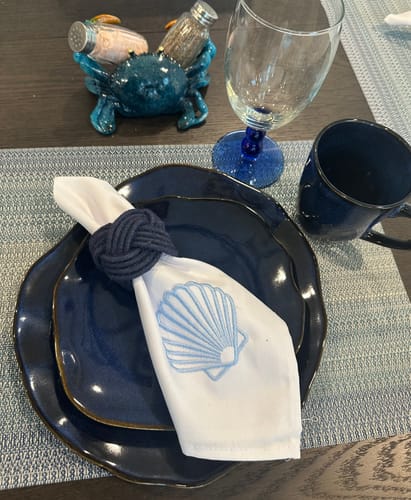 Customer's Ocean Blue Organic Mug featured in a lovely nautical-themed table setting with matching plates.