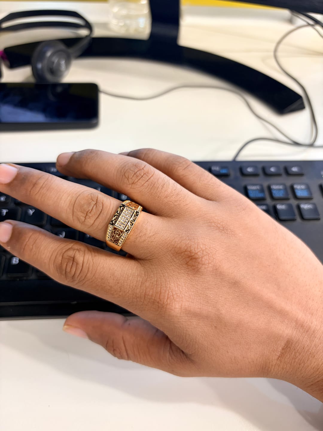 Customer photo review of 18K Gold Plated Gold Stone Grid Anti-Tarnish Demi-Fine Ring for Men