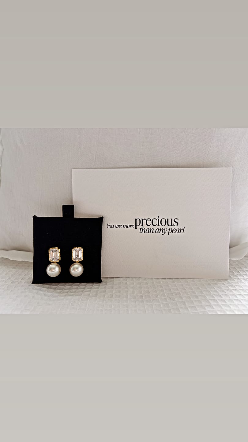 Customer photo review of Vivi Emerald Cut Pearl Earrings