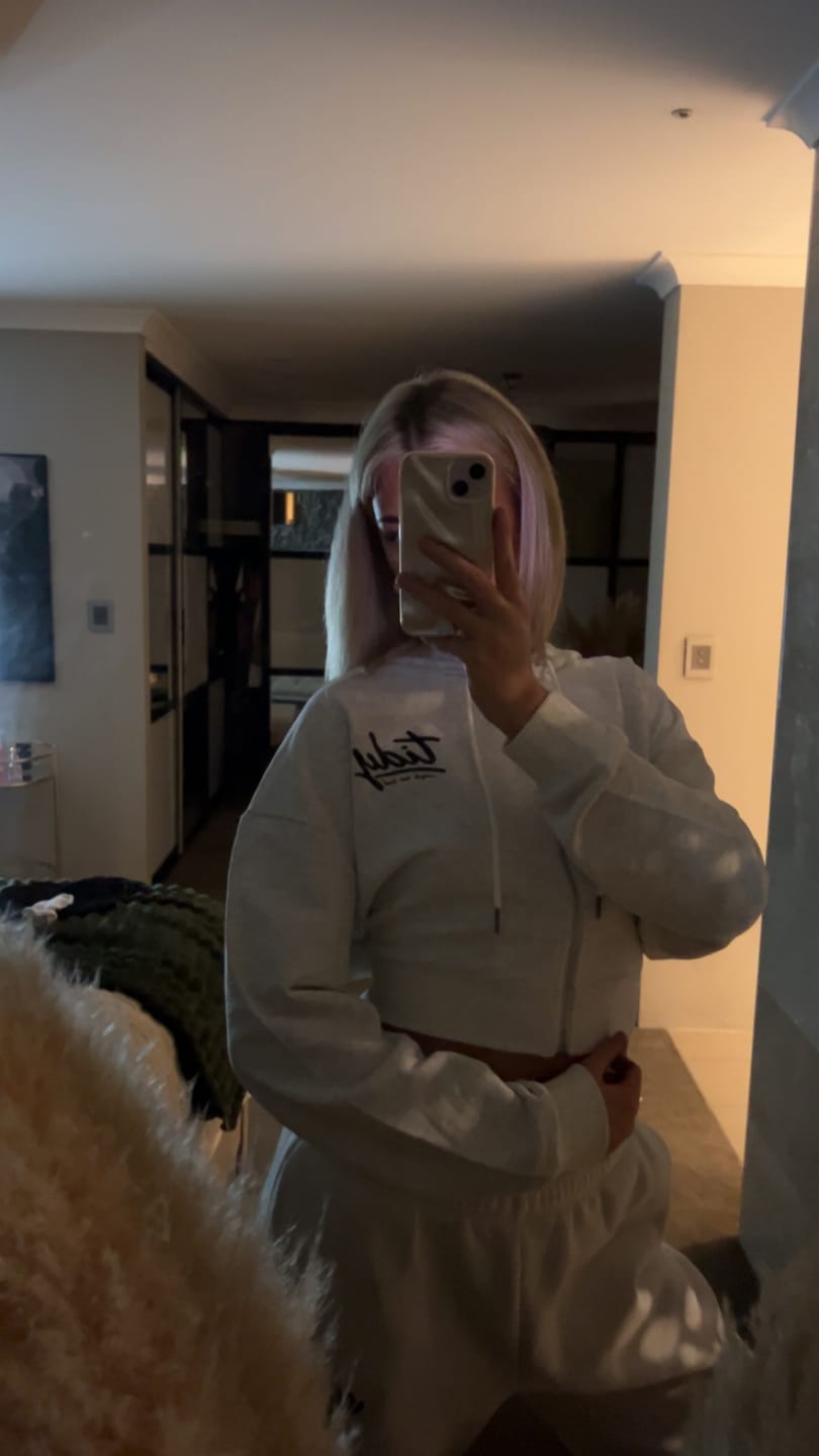 Customer photo review of Tidy Originals Cropped Zip-Up Hoodie — White Logo