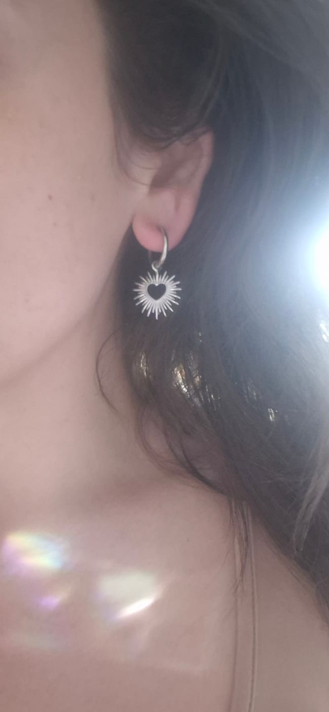 Customer photo review of Sun-Kissed Love: Gold | Silver Heart Sun Hollow Drop Hoop Earrings