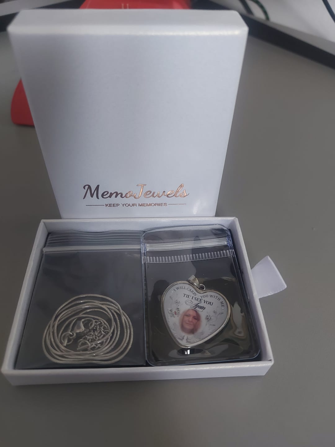 Customer photo review of Custom Photo Memorial Necklace/Keychain "I Will Carry You With Me” - N001
