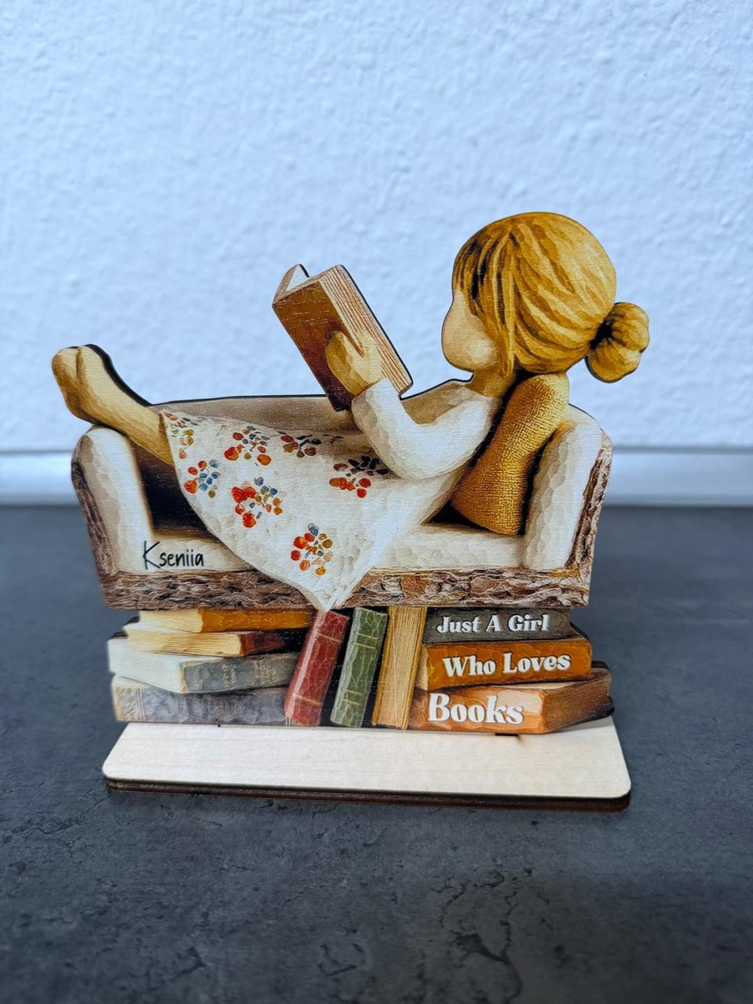 Customer photo review of Man Woman Book Lover Reading Book On Sofa - Personalized Standing Wooden Plaque
