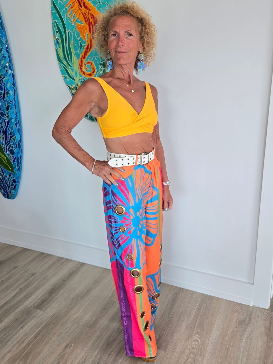 Customer photo review of Loose Wide Leg Buttoned Contrast Color Hollow Printed Pants Trousers