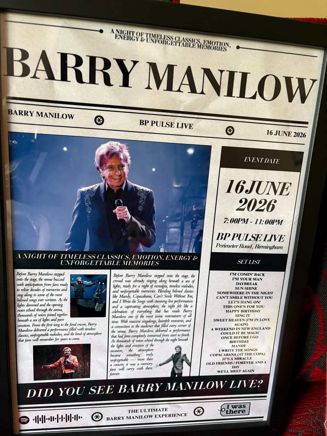 Customer photo review of Barry Manilow - Personalised Newspaper Style Concert Poster