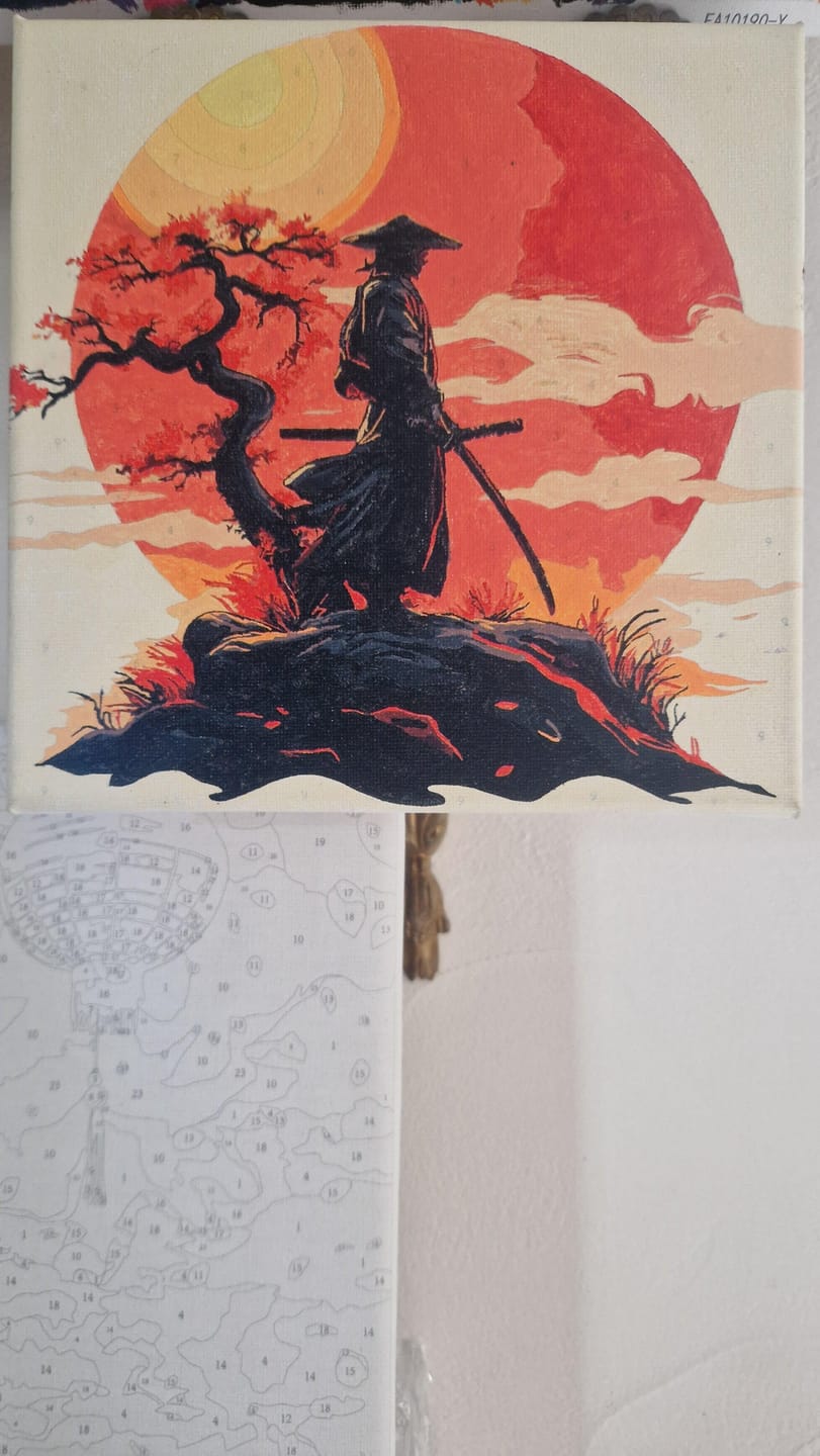 Customer photo review of Mini Peinture par Numéros 20x20cm avec cadre Samourai au coucher du soleil