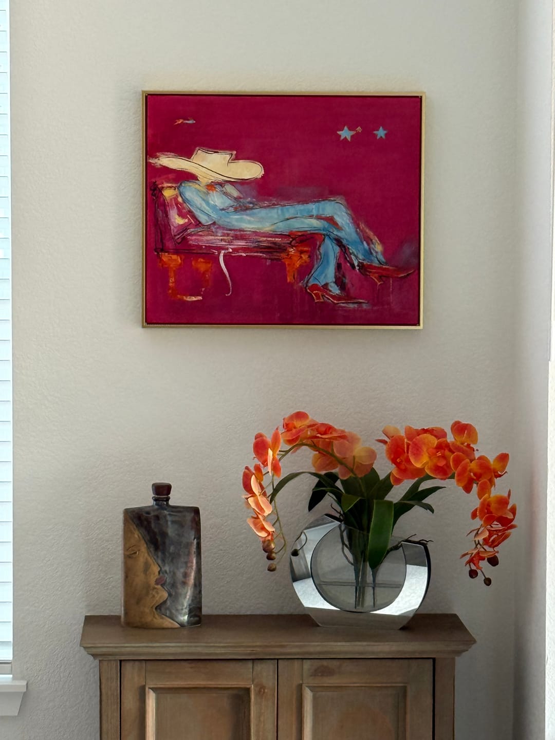 Customer photo review of Neon Midnight Rider – Pop Art Pink Cowboy & Red Boots Painting | Avant-Garde Eclectic Living Room Art