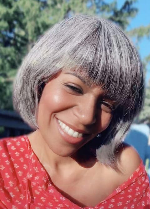 Customer photo review of Luvwin Salt And Pepper Full Machine Made Bang Wig With Small Lace