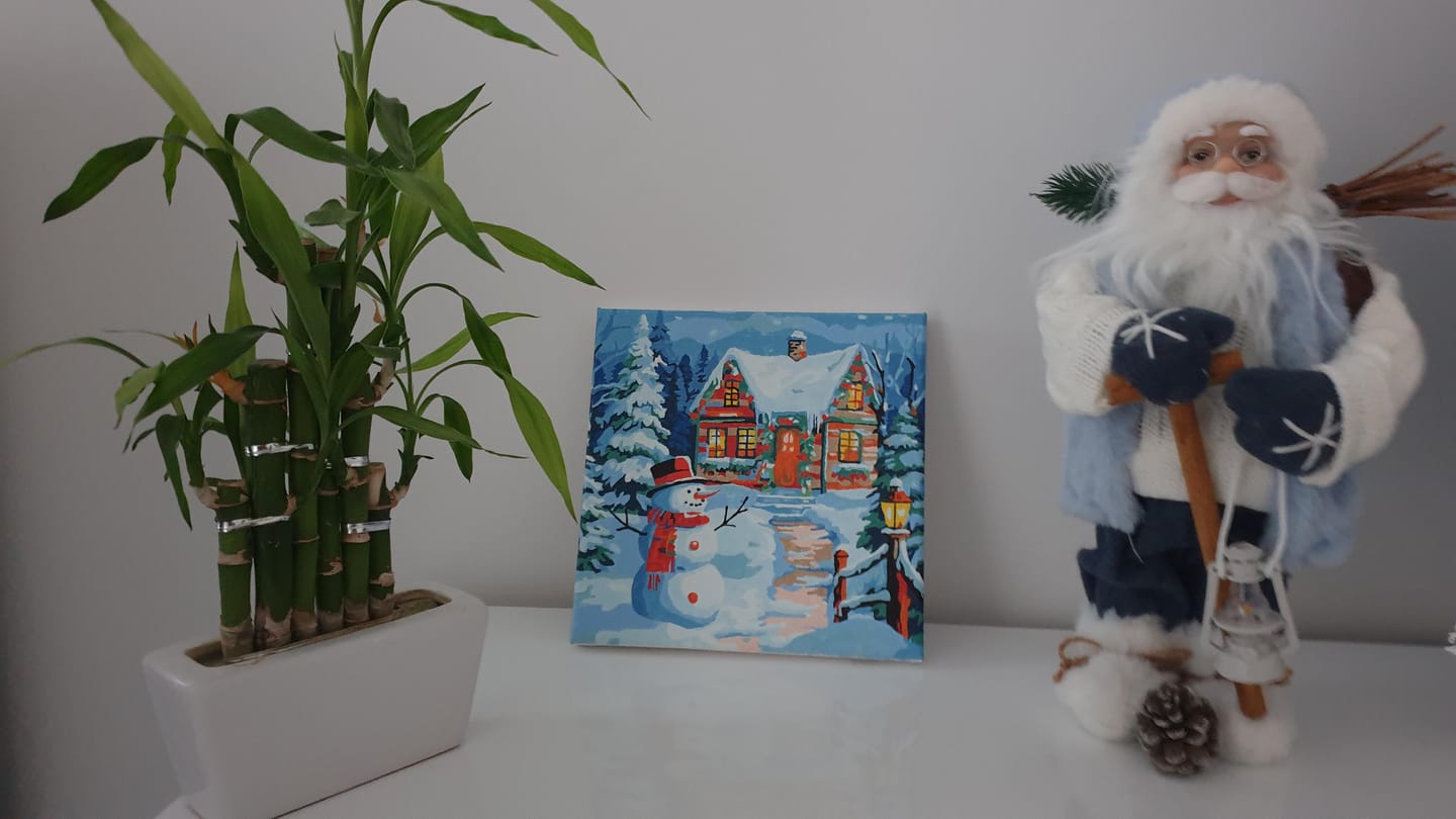 Customer photo review of Mini Peinture par Numéros 20x20cm avec cadre Bonhomme de Neige et Chaumière