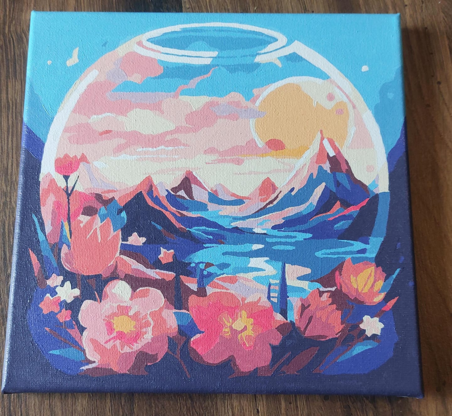 Customer photo review of Mini Peinture par Numéros 20x20cm avec cadre Montagnes et boule de verre