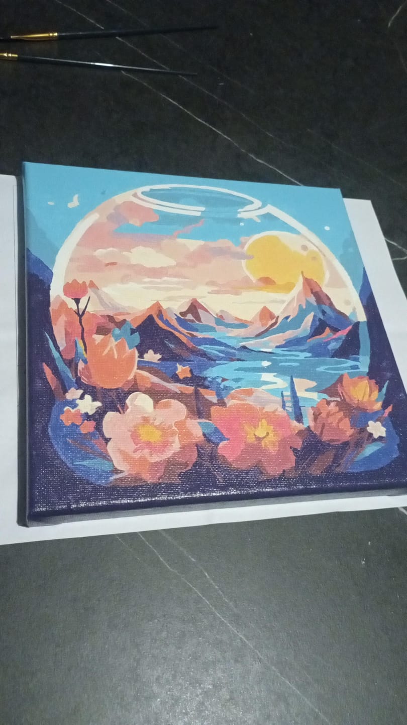 Customer photo review of Mini Peinture par Numéros 20x20cm avec cadre Montagnes et boule de verre