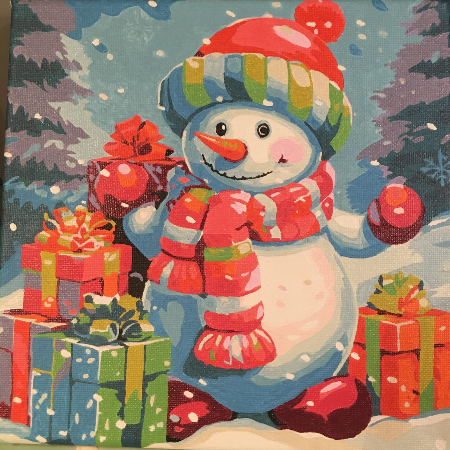 Customer photo review of Mini Peinture par Numéros 20x20cm avec cadre Bonhomme de Neige et Cadeaux dans la Neige