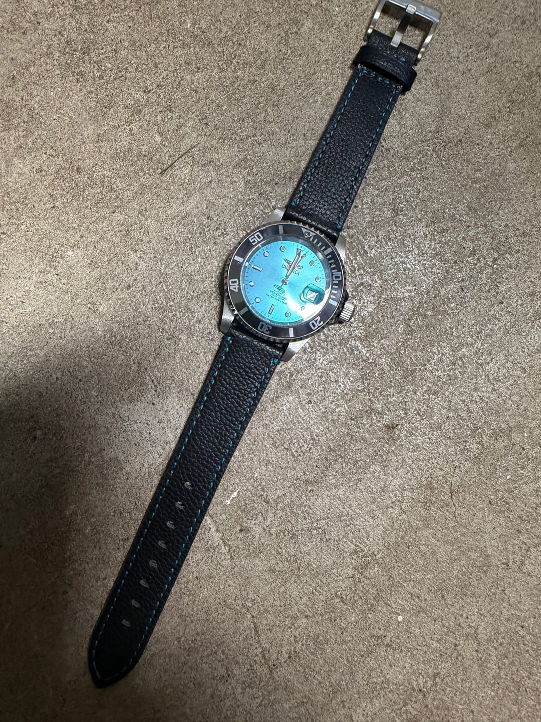 Customer photo review of Leather - Contrast Stitch Black with Bright Blue