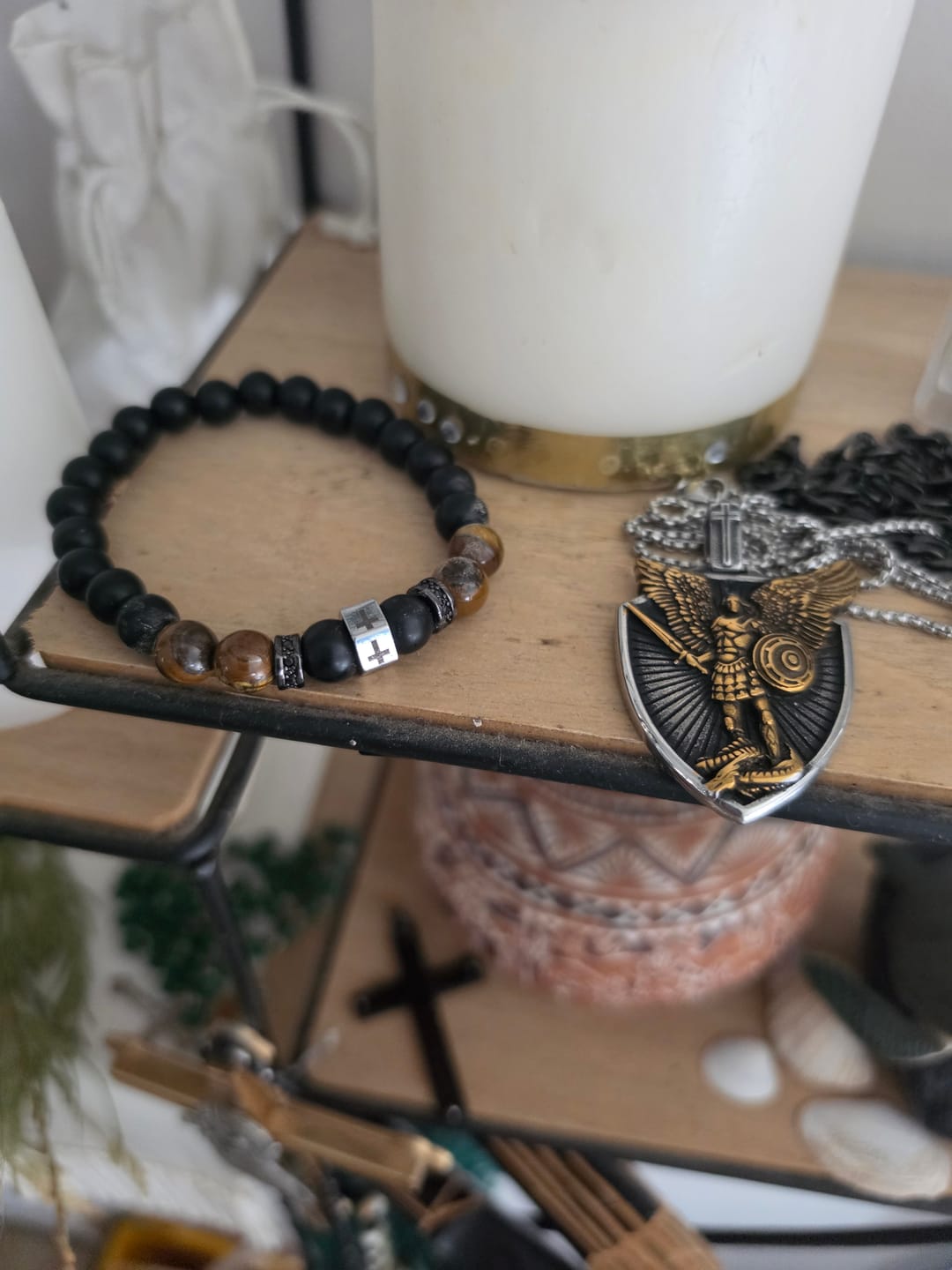 Customer photo review of Christianartworkshop Cross Bracelet with Tiger's Eye, Black Onyx & CZ - Accented Stainless Steel