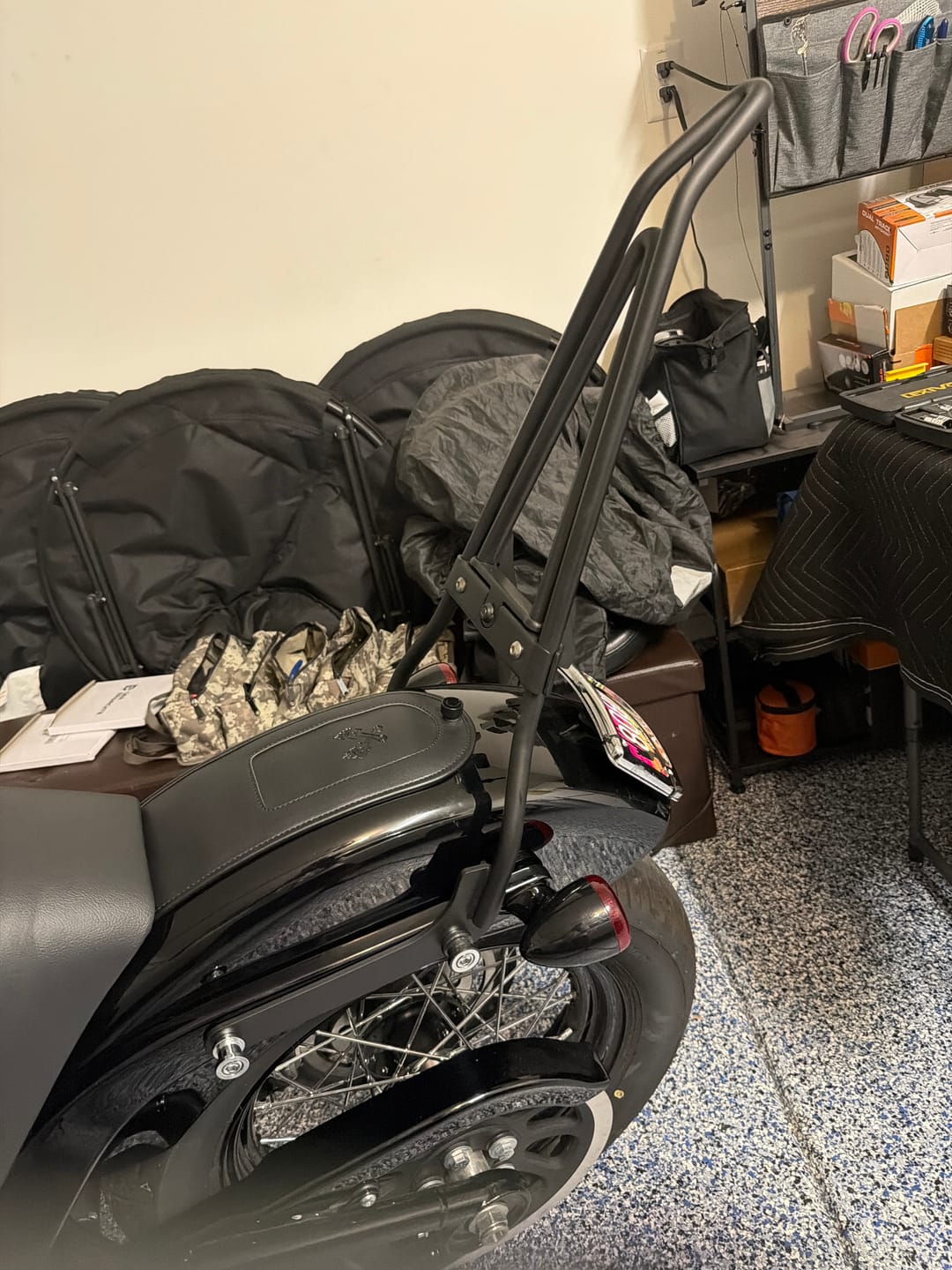 Customer photo review of Iron Born Blade 25" Sissy Bar w/ Foldable Rack for Harley Softail Slim FLSL Matte Black
