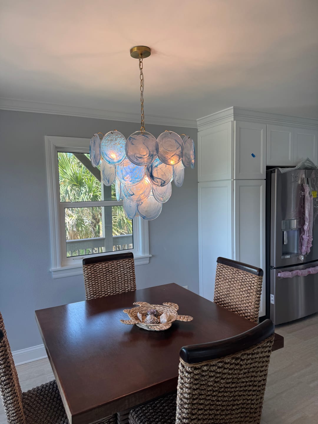 Customer photo review of Glam Blue Iridescent Swirl Glass Round Tiered Chandelier
