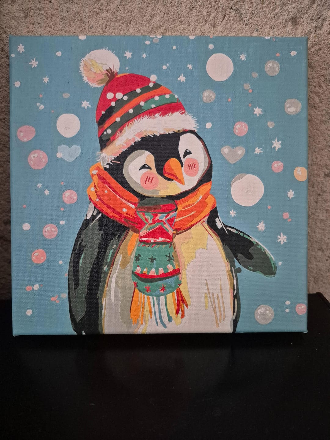 Customer photo review of Mini Peinture par Numéros 20x20cm avec cadre Pingouin Heureux