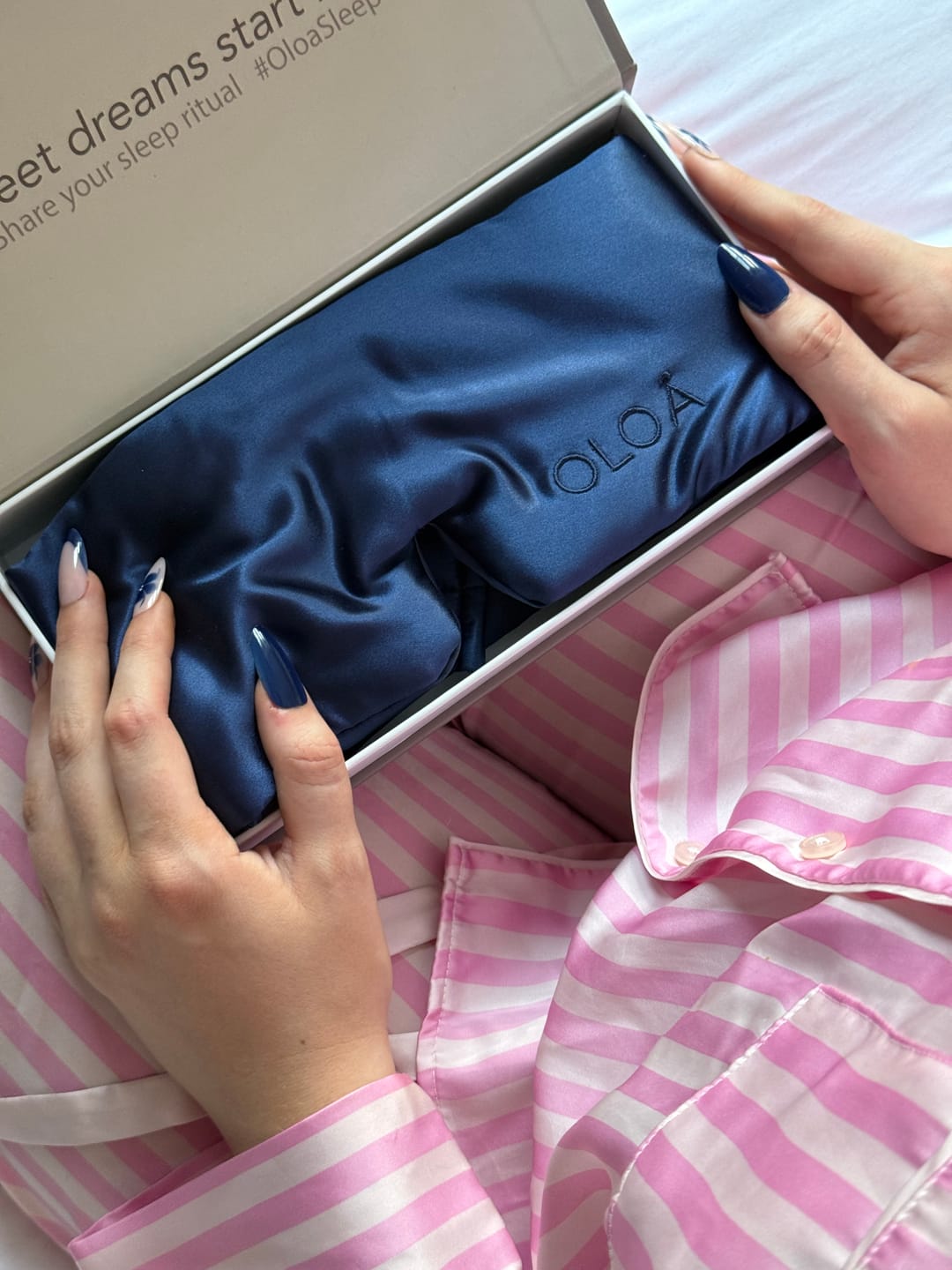 Customer photo review of Mulberry Silk Sleep Mask - Midnight Navy
