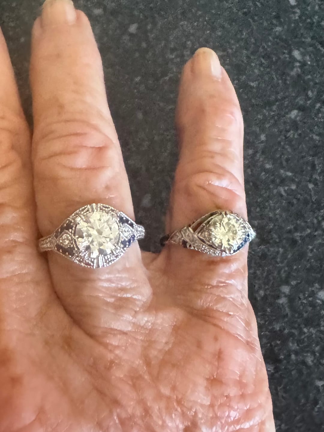 Customer photo review of Art Deco Gallery Vintage Moissanite Milgrain & Blue Accent Engagement Ring