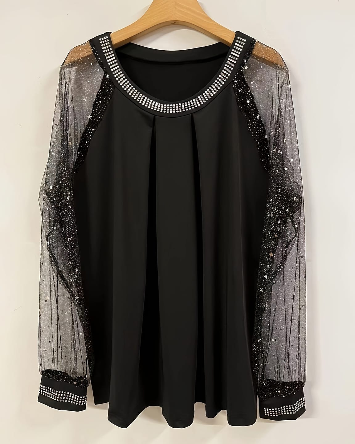 Customer photo review of Rhinestone Neckline and Mesh Sleeve Top