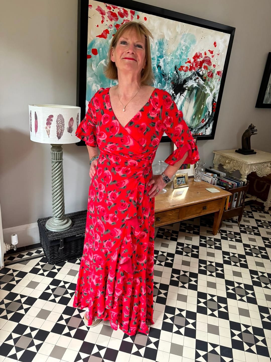 Customer photo review of 'Stevie' Luxe Ruffle Dress in Tahitian Red Rose