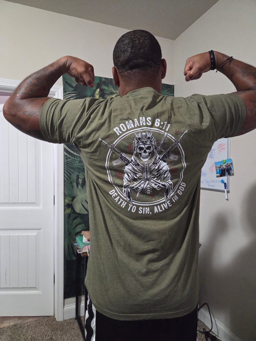 Customer photo review of Romans 6:11 Skull Reaper T-Shirt