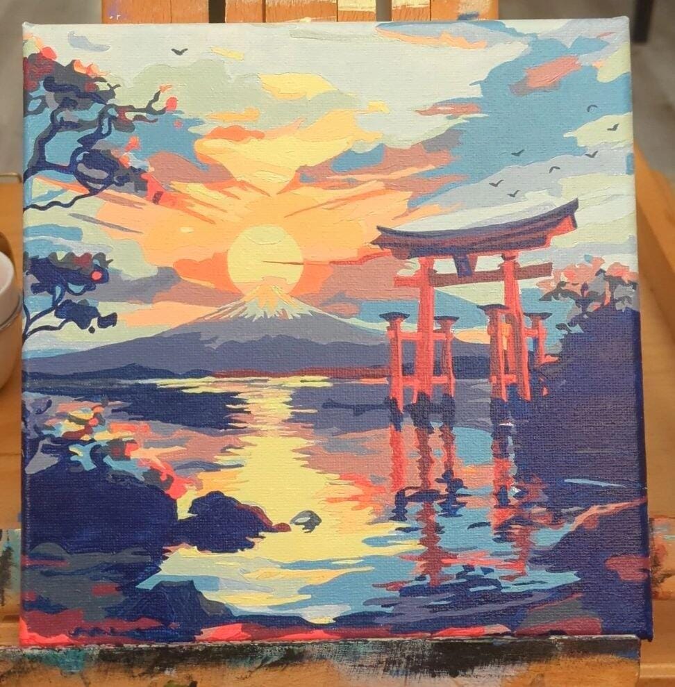 Customer photo review of Mini Peinture par Numéros 20x20cm avec cadre Porte Torii au coucher du soleil
