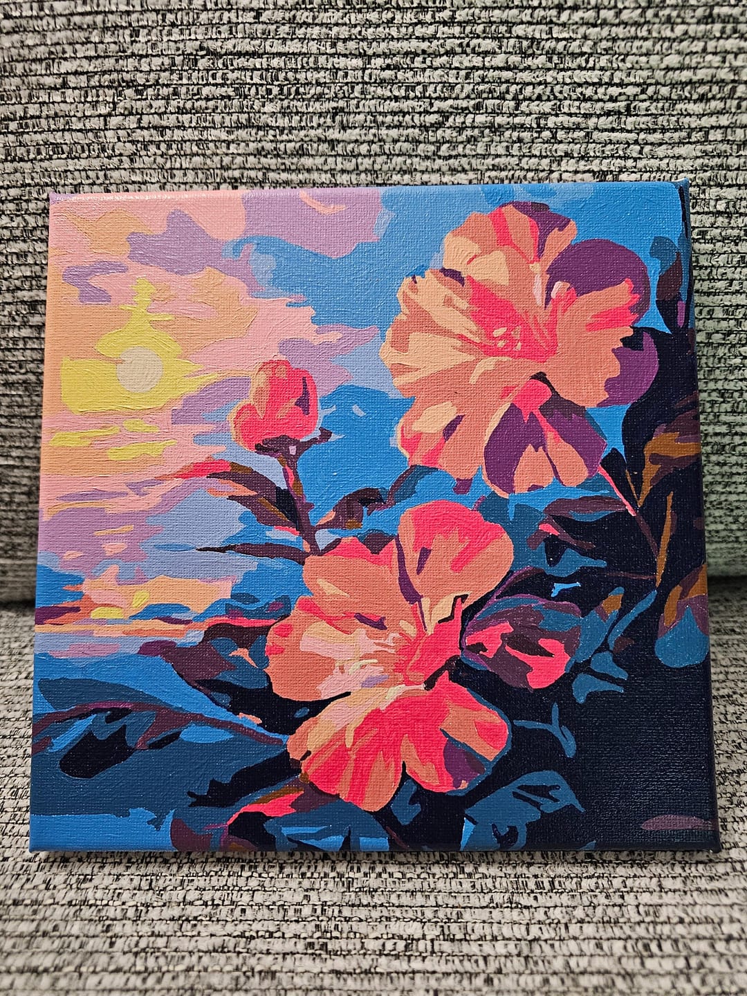 Customer photo review of Mini Peinture par Numéros 20x20cm avec cadre Hibiscus au coucher de soleil