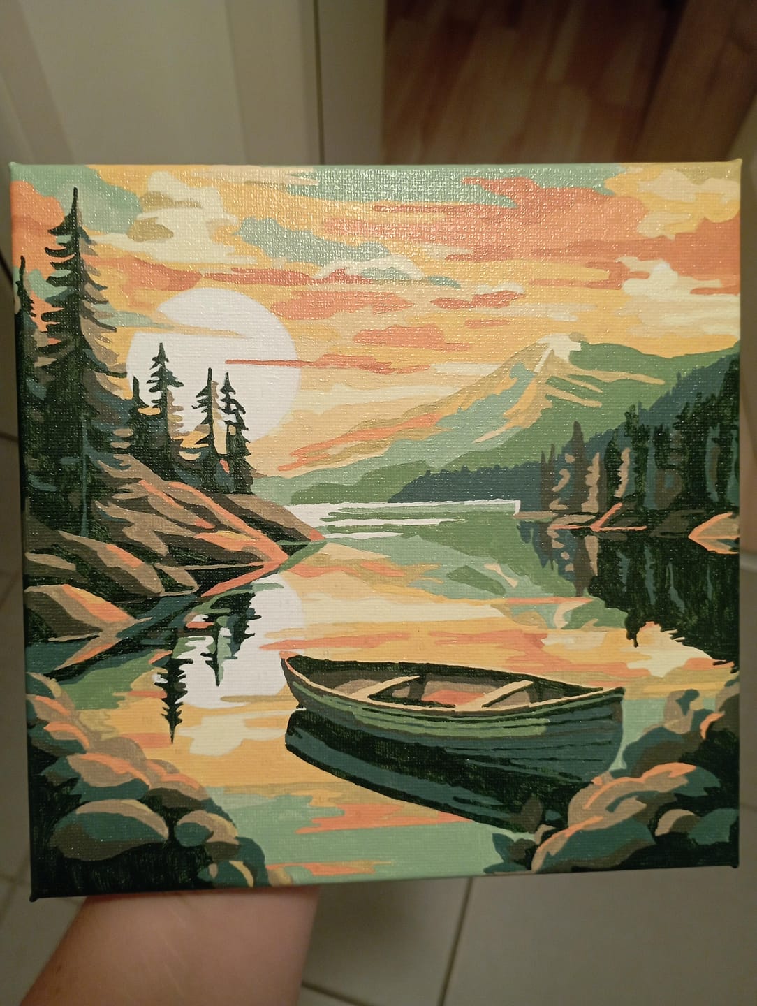 Customer photo review of Mini Peinture par Numéros 20x20cm avec cadre Lac de montagne et canoë