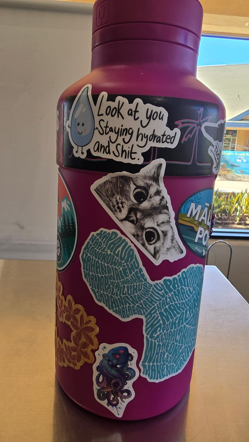 Customer photo review of "Look At You Staying Hydrated And Shit" Water Bottle Sticker