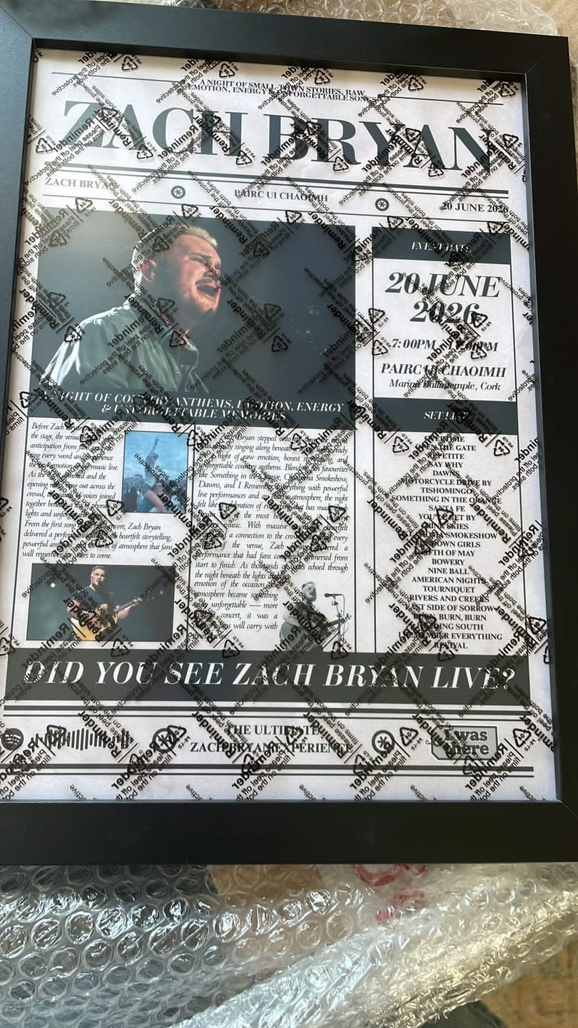 Customer photo review of Zach Bryan - Personalised Newspaper Style Concert Poster