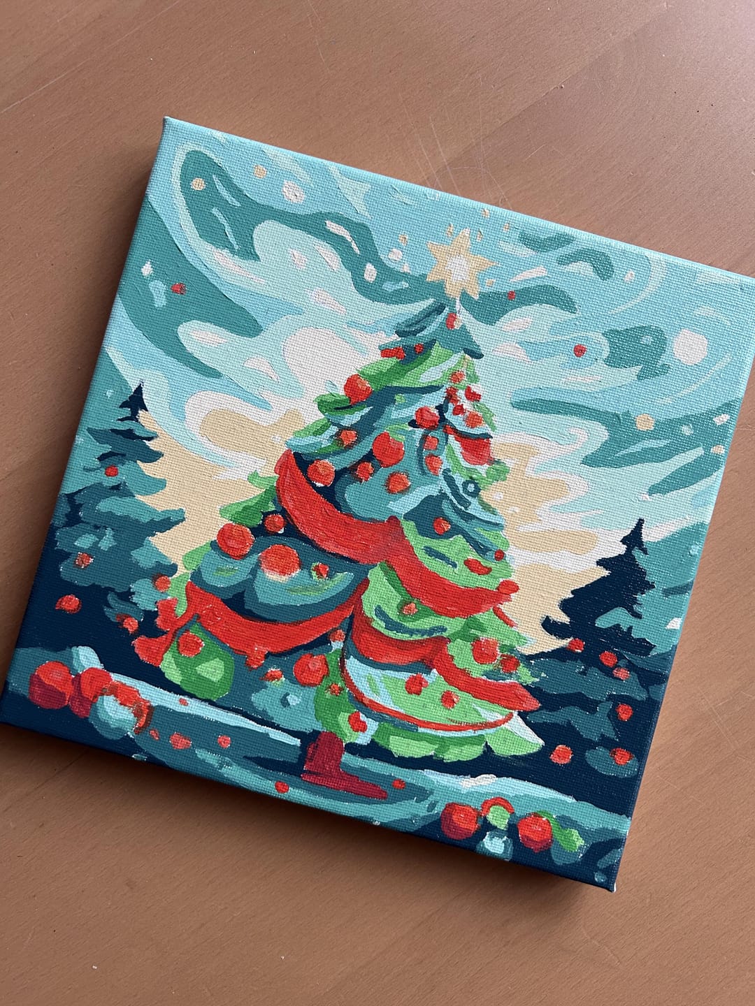 Customer photo review of Mini Peinture par Numéros 20x20cm avec cadre Sapin de Noël Abstrait