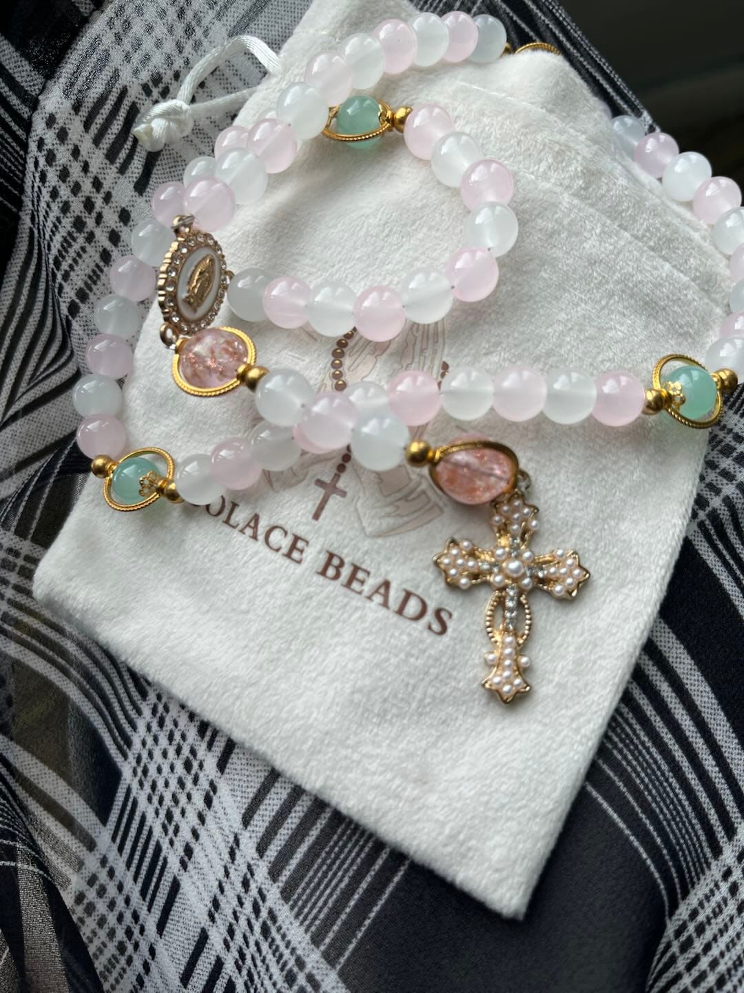 Customer photo review of SolaceBeads Artistic Pink & White Beaded Rosary: A Fusion of Colors & Sacred Symbols
