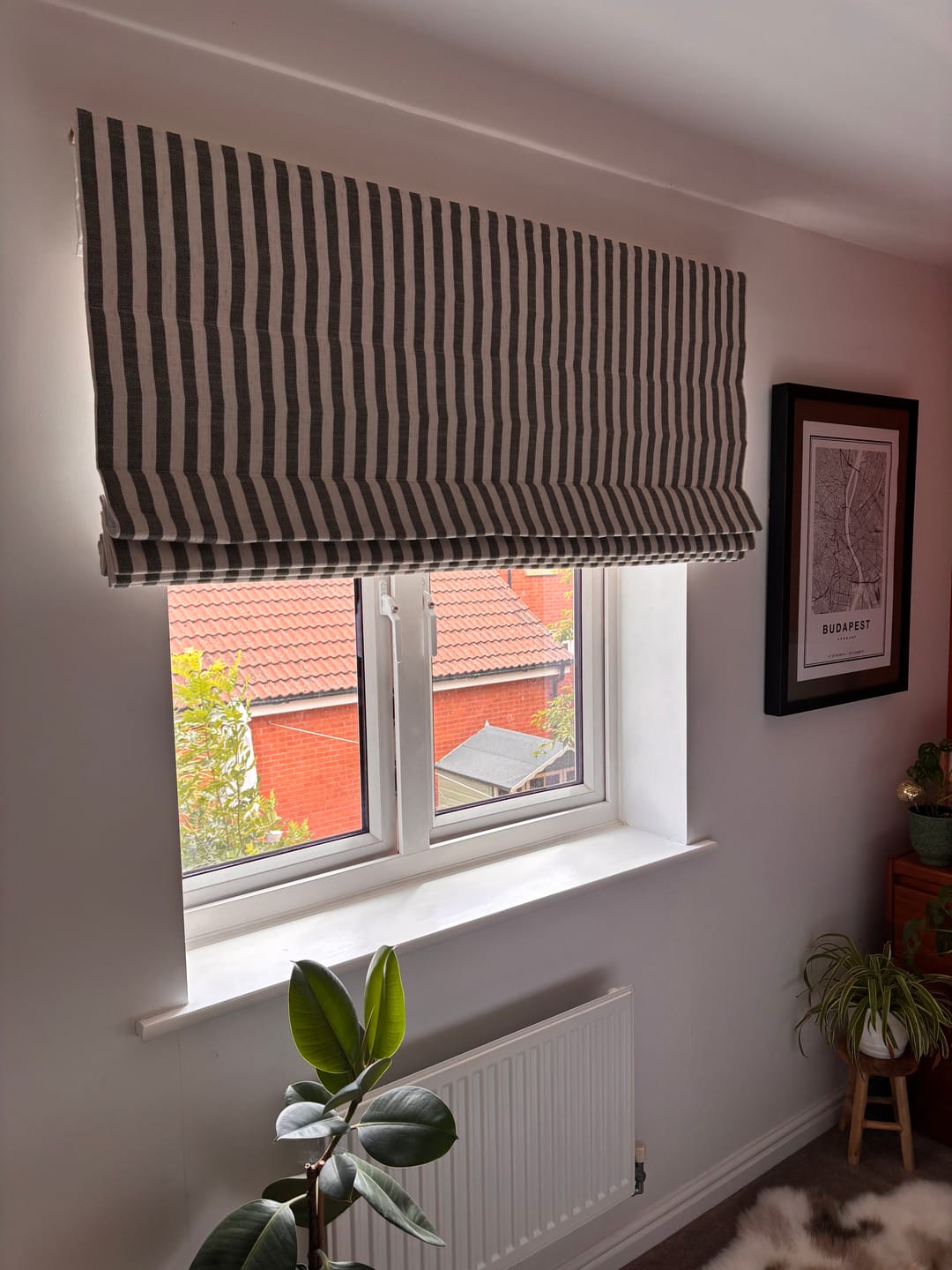 Customer photo review of Milano Flat Fold Linen Blend Striped Cordless Custom Roman Shade