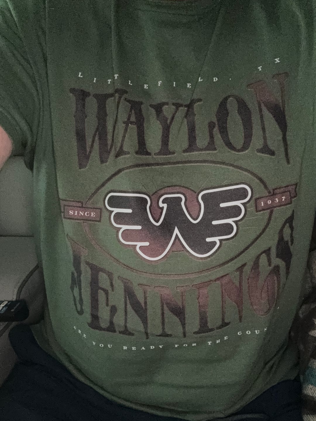 Customer photo review of Waylon Jennings Ready for the Country Flying W Mens Tee Shirt (Military Green)