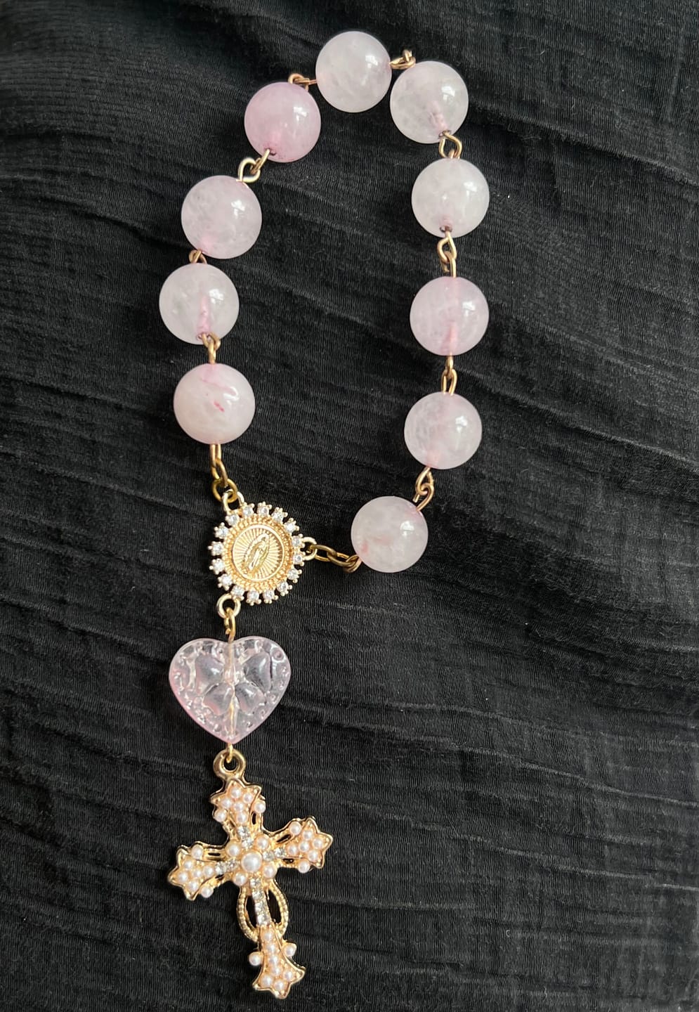 Customer photo review of SolaceBeads Artisan Rose Quartz Pocket Rosary: Soft Pink Beads with Sacred Cross & Marian Accents