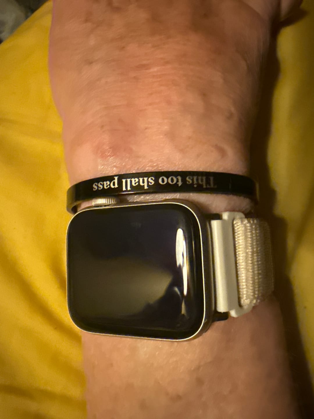 Customer photo review of This Too Shall Pass Mantra Cuff Bracelet