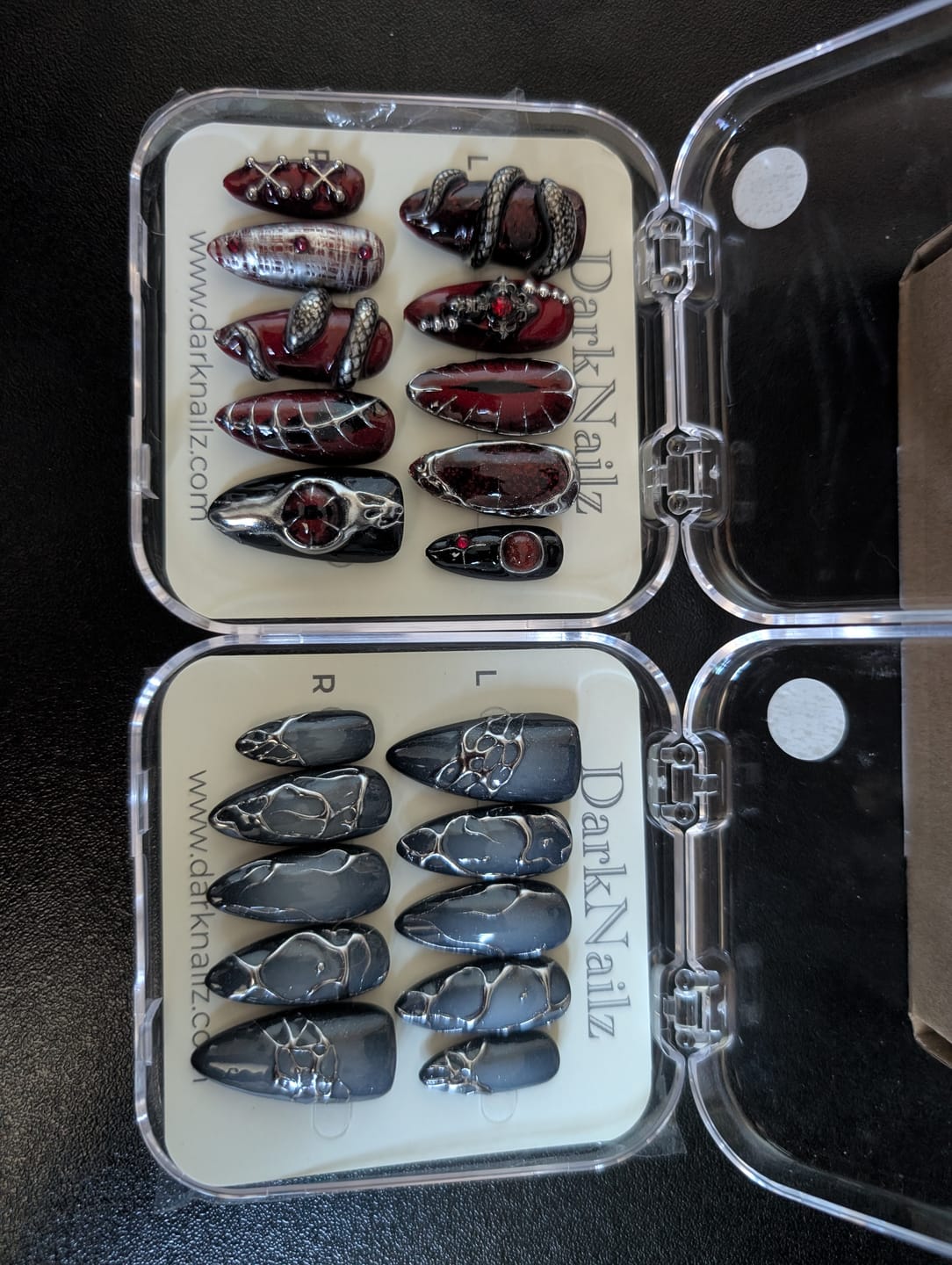 Customer photo review of Snakeblood Hex – Red Black Press-On Nails, Gothic Metal Snake Eyes Fake Nails