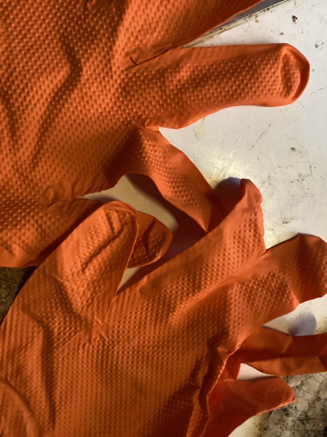 Customer photo review of Nitrile Gloves with Diamond Texture - 8 Mil - Large - Orange