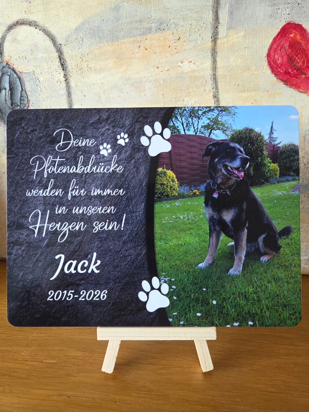 Customer photo review of Hunde Gedenktafel mit Foto & Spruch (UV- & Wetterfest)