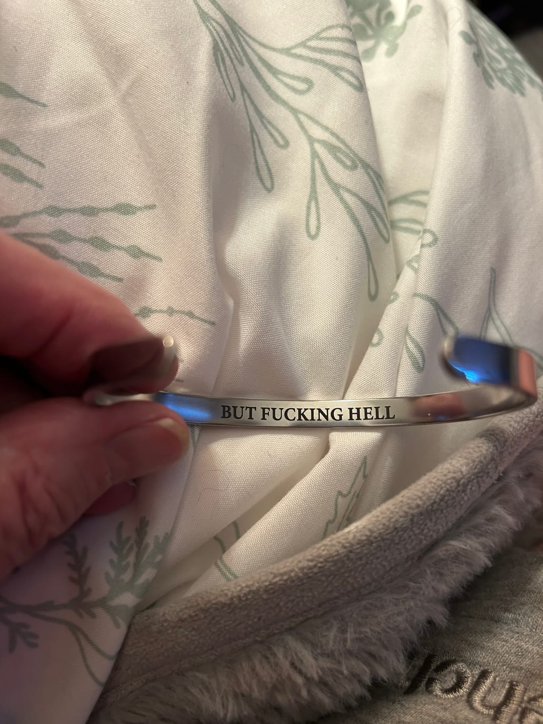 Customer photo review of This Too Shall Pass Mantra Cuff Bracelet