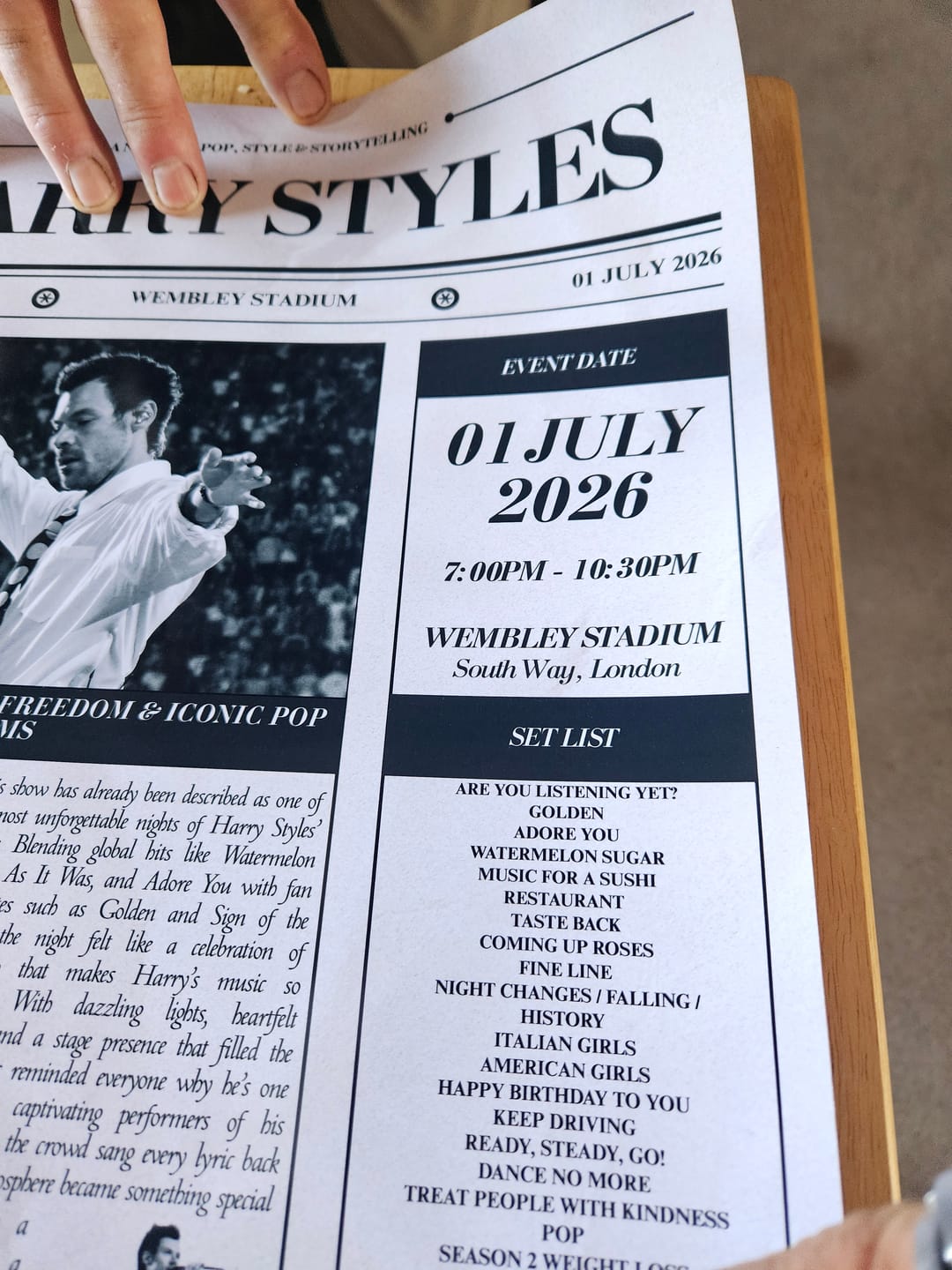 Customer photo review of Harry Styles - Personalised Newspaper Style Concert Poster