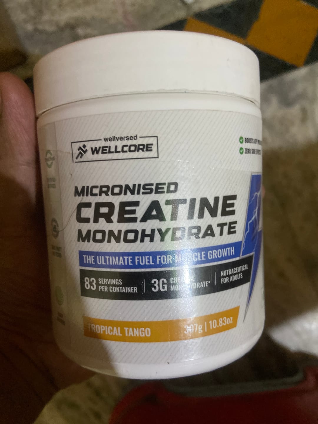 Customer photo review of Wellcore - Micronised Creatine Monohydrate (83 Servings, Tropical Tango) + Premium Glass Bottle